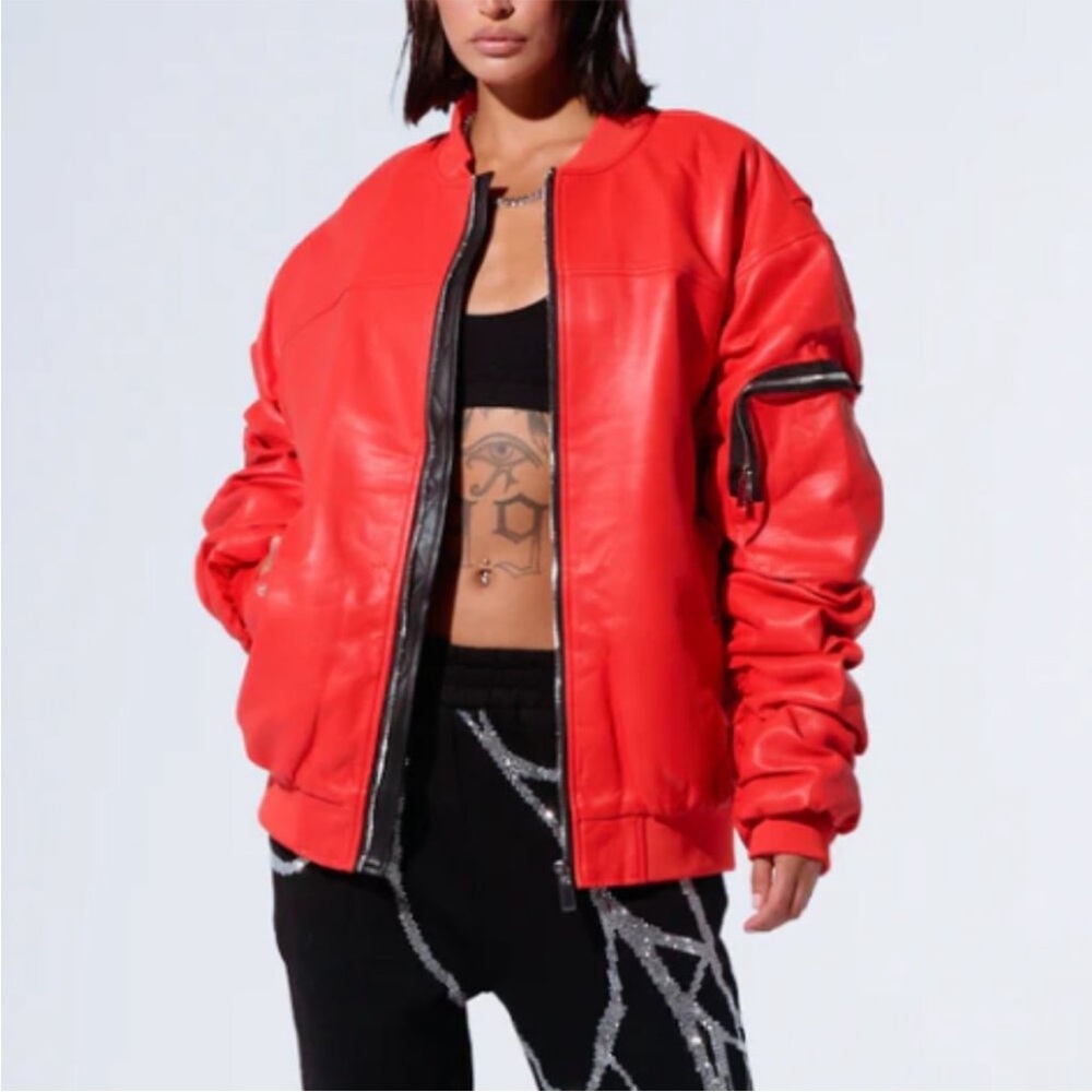 Callie Lives Miz Red Tail Stormy Bomber AKIRA Oversized Vegan Leather Coat M